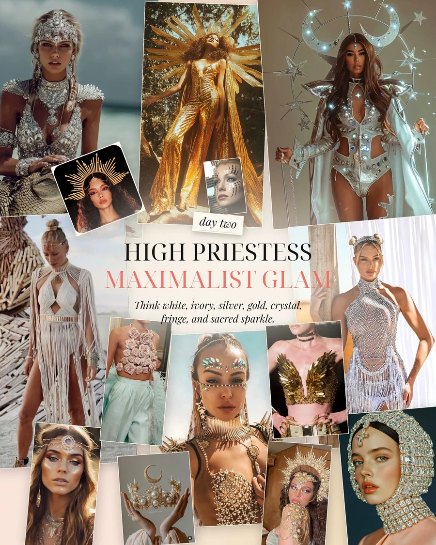 High Priestess lookbook, day two maximalist glam: white, ivory, silver, gold, crystal, fringe and sacred sparkle