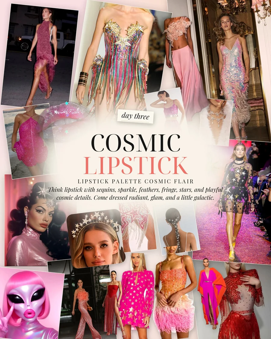 Cosmic Lipstick lookbook, day three: sequins, sparkle, feathers, fringe and stars in a lipstick-bright palette