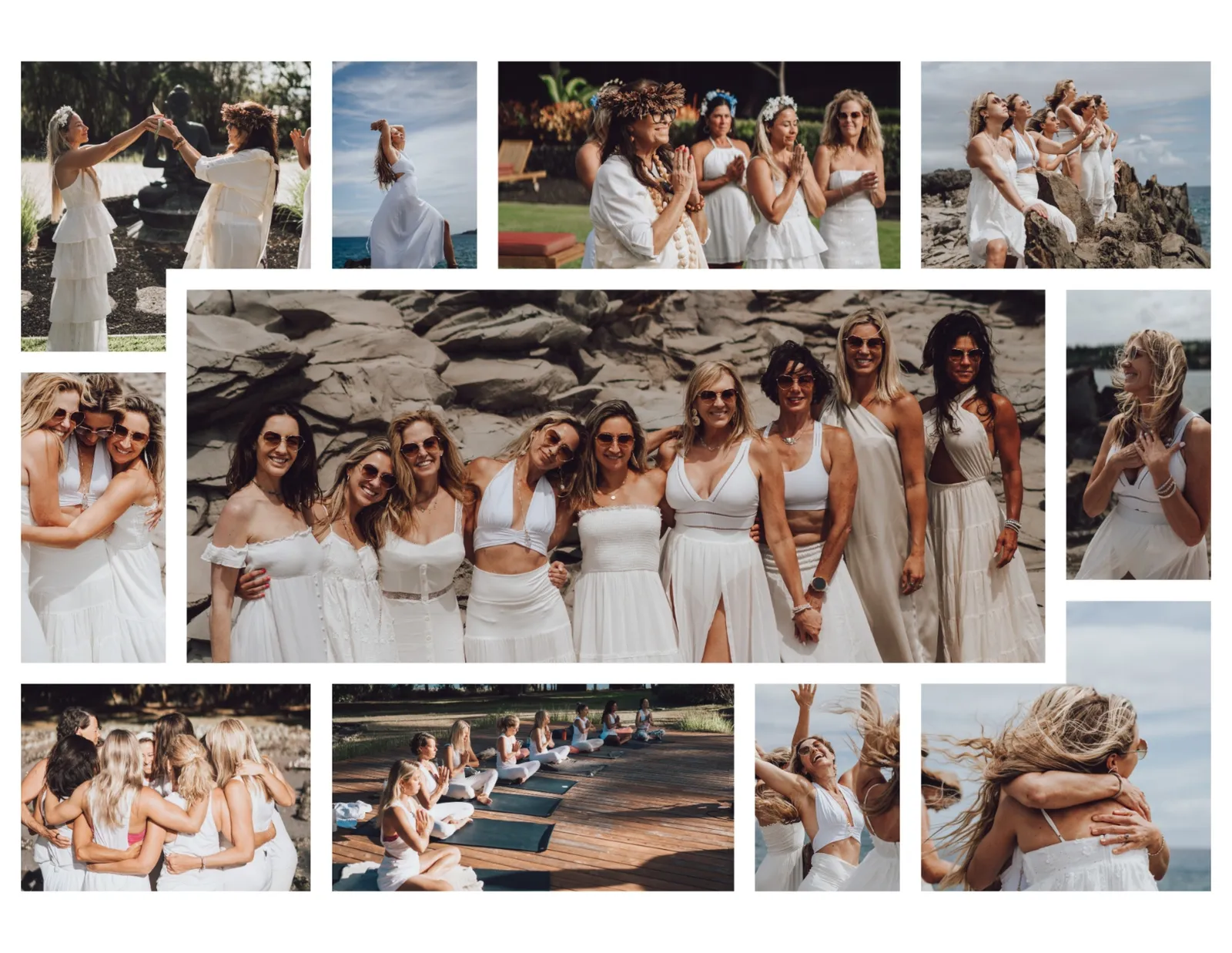 Women in white embracing in a group hug