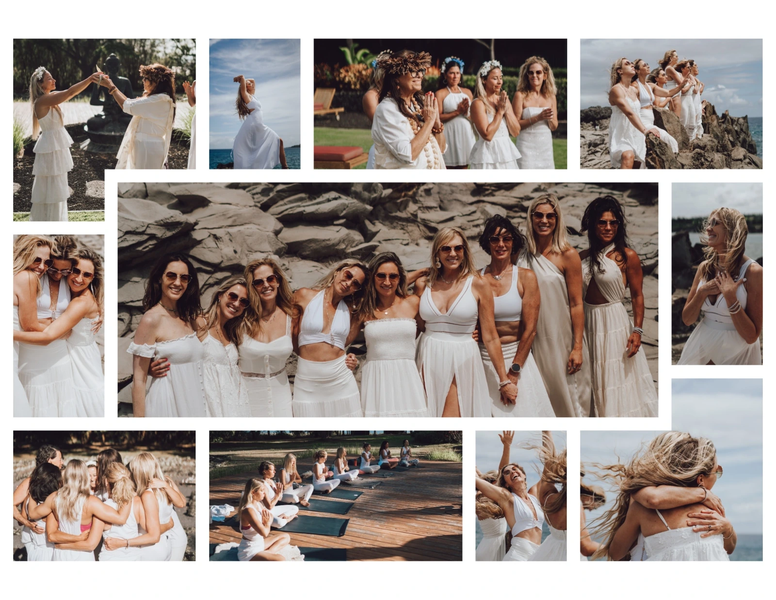 Women in white embracing in a group hug