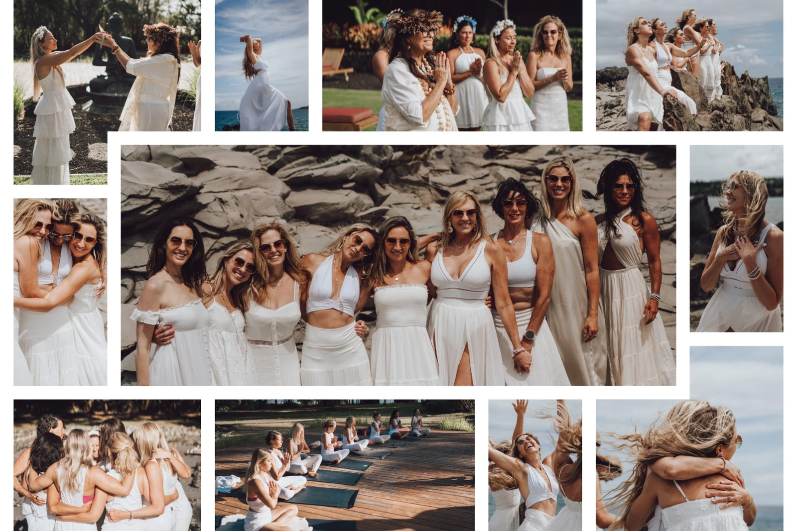 Women in white embracing in a group hug
